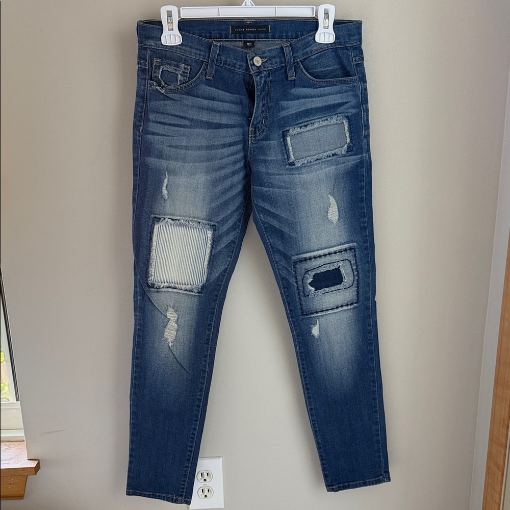 Flying Monkey Dark Blue Distressed and Patchwork Ankle Jeans